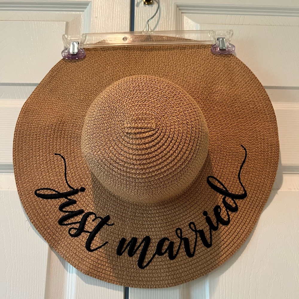 Just Married Beach Hat Black Stitching.